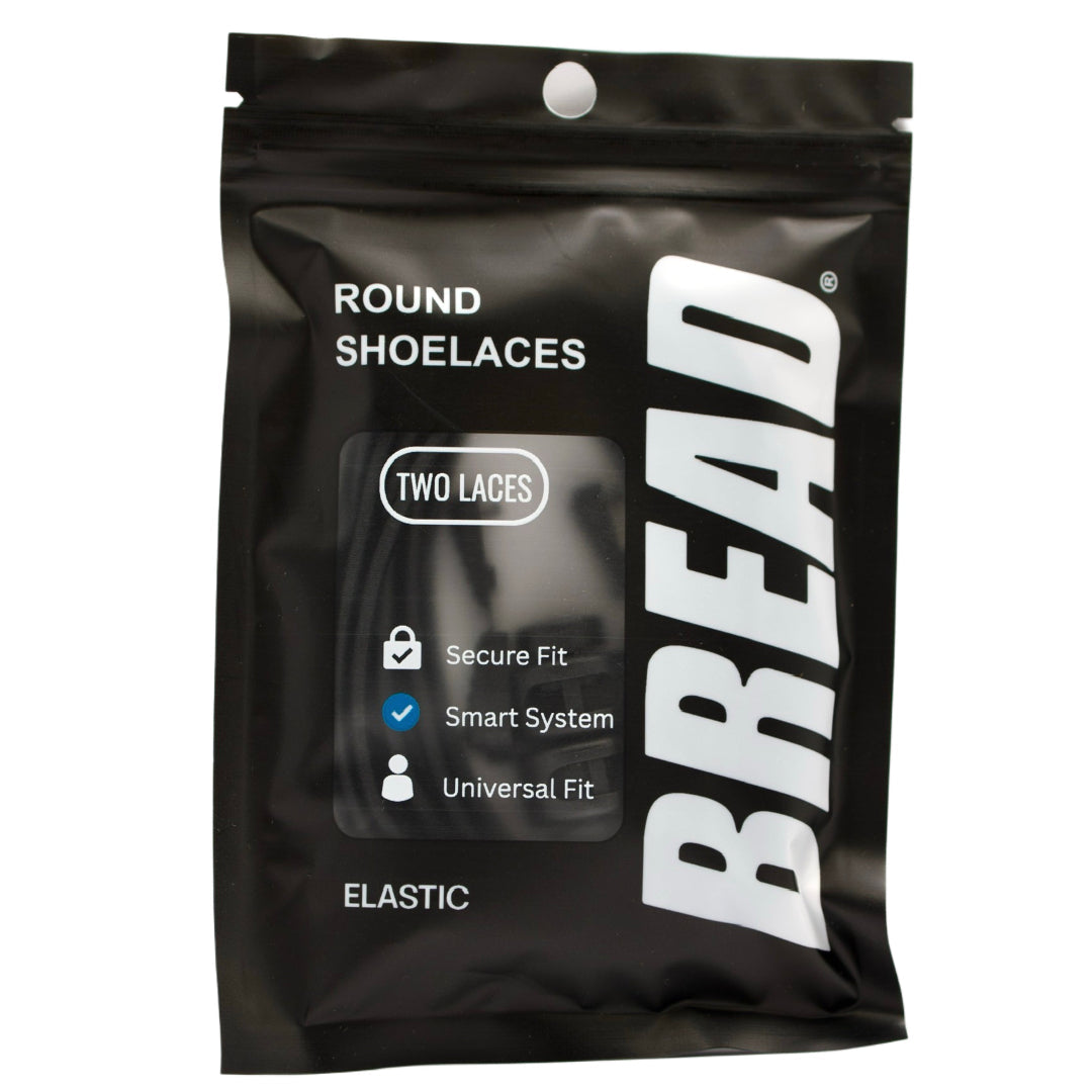 Black package of BREAD round shoelaces with white text on a white background