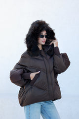 Chantal Genuine Fur Trim Down Fill Coat in Chocolate