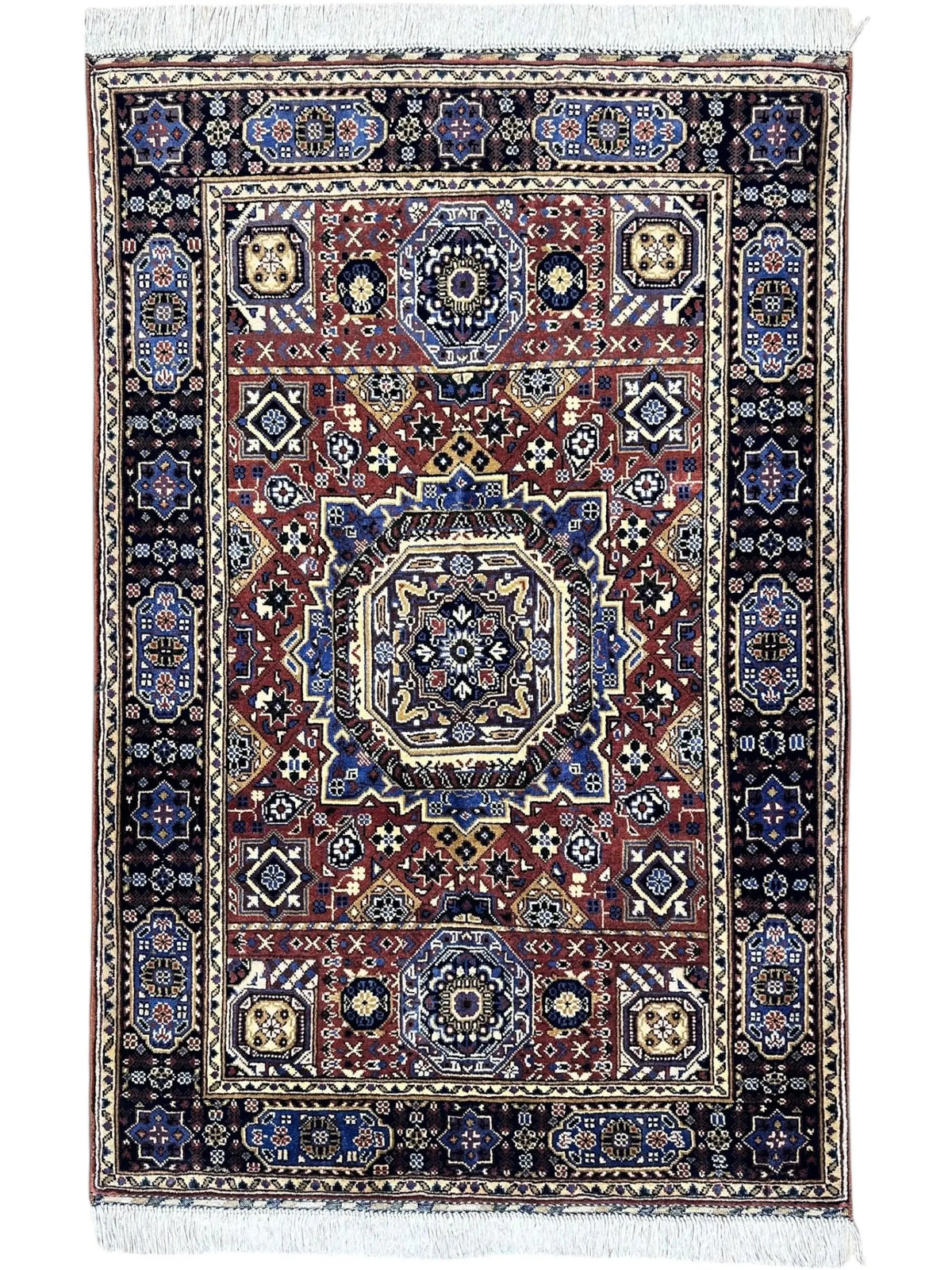 Hand-Knotted Afghani Blue & Brown Mamluk Wool Rug – 40” x 62” Rugistan