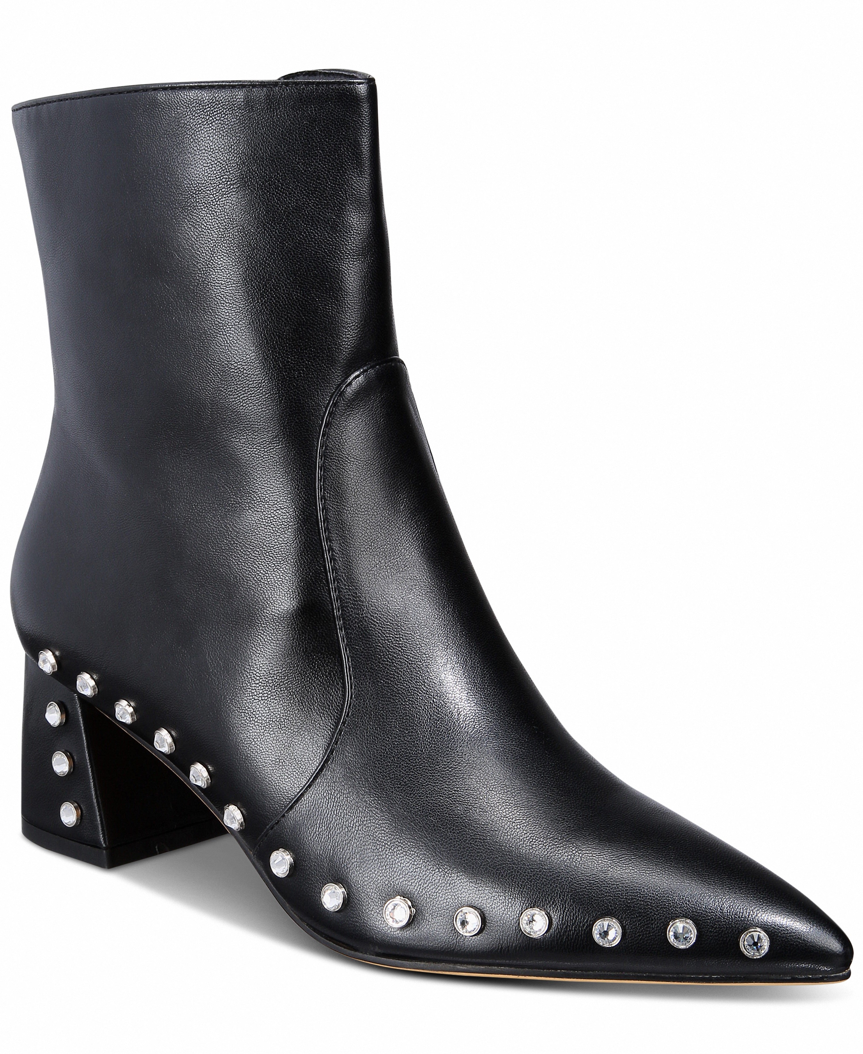 Black leather ankle boot with studded details on a white background