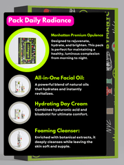 Manhattan Premium Opulence skincare product packaging with text and images of products.