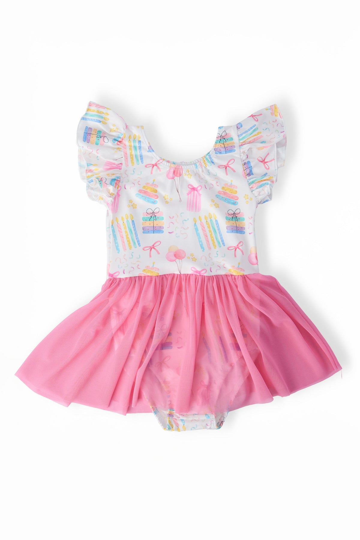 Children's swimsuit with colorful top and pink skirt on a white background
