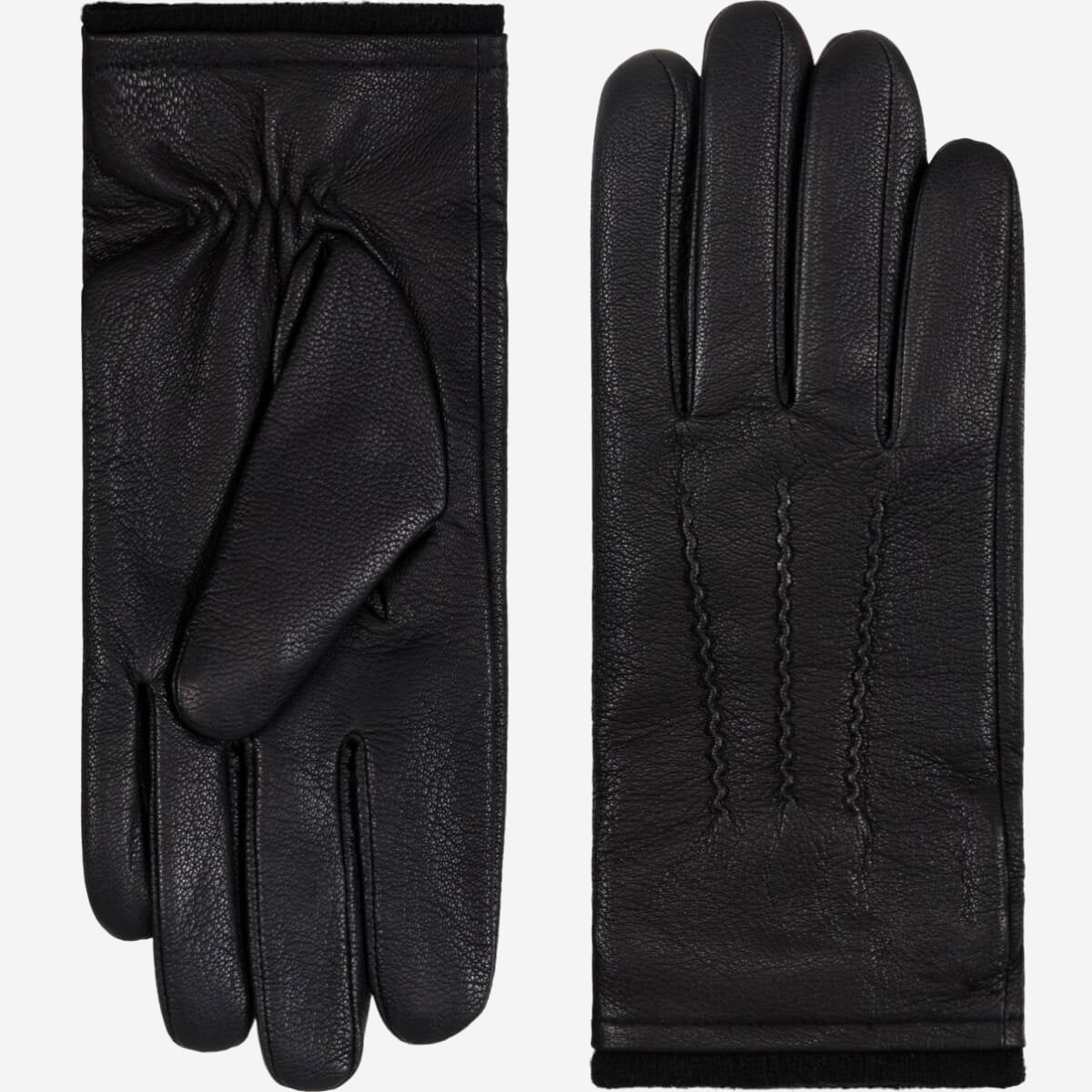 A pair of black leather gloves shown flat against a light gray background, with one glove displaying the back of the hand and the other showing the palm side with a gathered wrist.