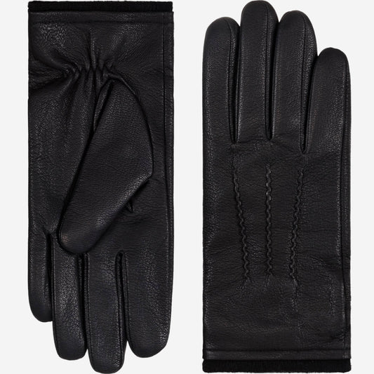 A pair of black leather gloves shown flat against a light gray background, with one glove displaying the back of the hand and the other showing the palm side with a gathered wrist.