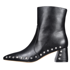 Black leather ankle boot with studded details on a white background
