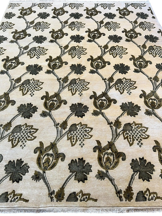 Hand-Knotted Indian Rug - 7'11" x 9'9" - Wool - Floral Pattern - Elegant Beige and Green Design Rugistan