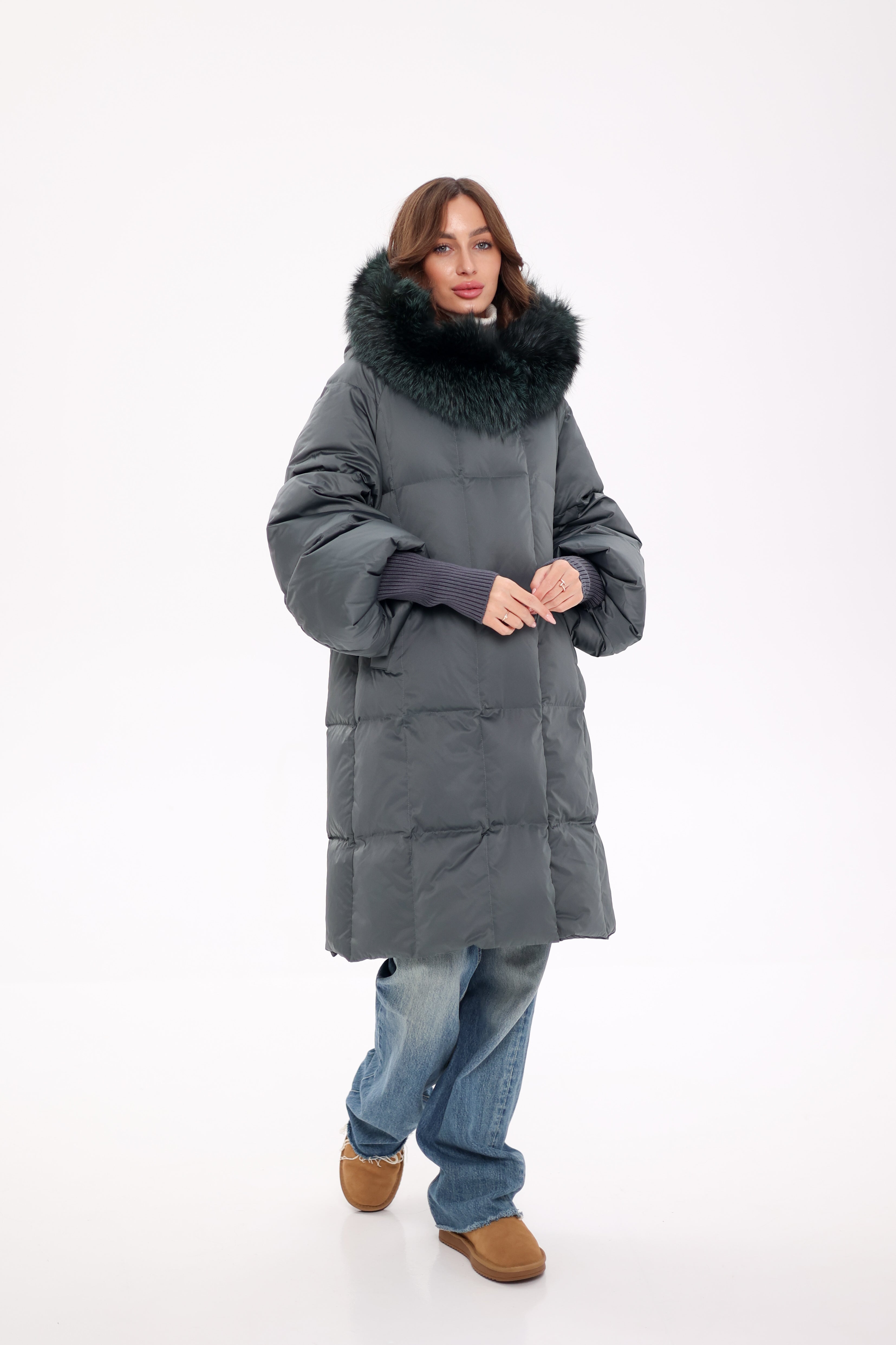 Genuine Silver Fox Fur Trim Down Coat in Forest Slate Alaska® Outerwear Company
