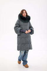 Genuine Silver Fox Fur Trim Down Coat in Forest Slate Alaska® Outerwear Company