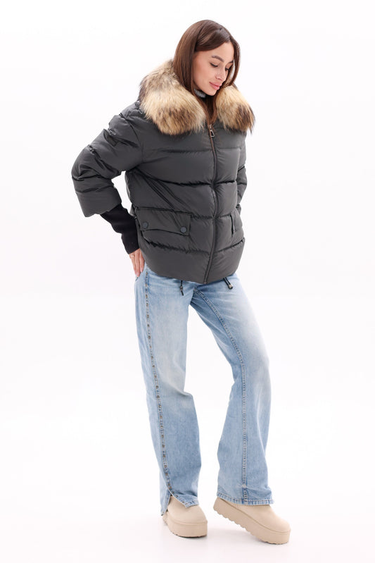 Genuine Fur Trim Down Fill Coat in Black