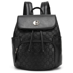 Black backpack with a patterned design on a white background