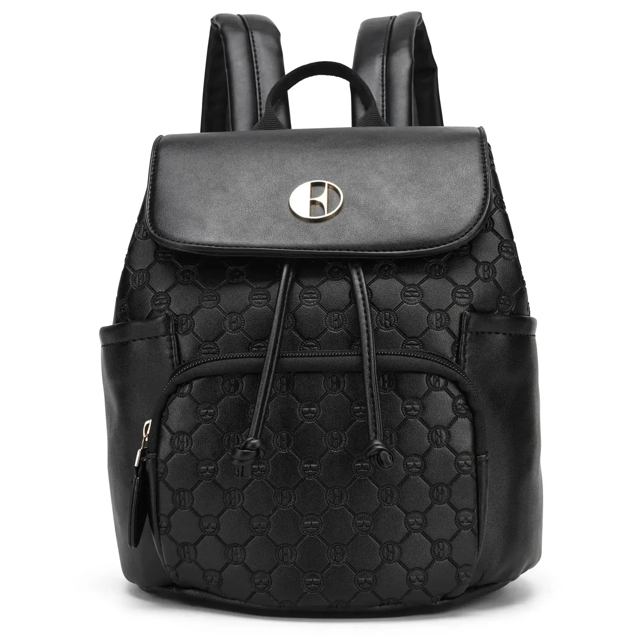 Black quilted backpack with a brand logo on a white background