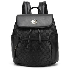 Black quilted backpack with a brand logo on a white background