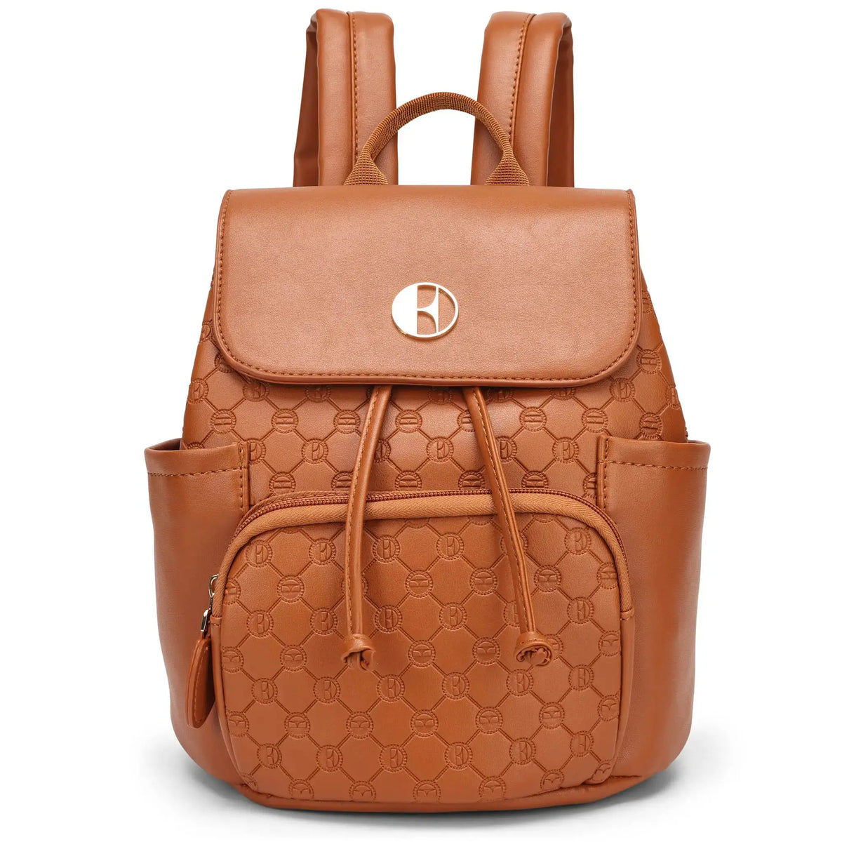Brown backpack with a patterned design on a white background