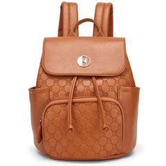 Brown backpack with a patterned design on a white background
