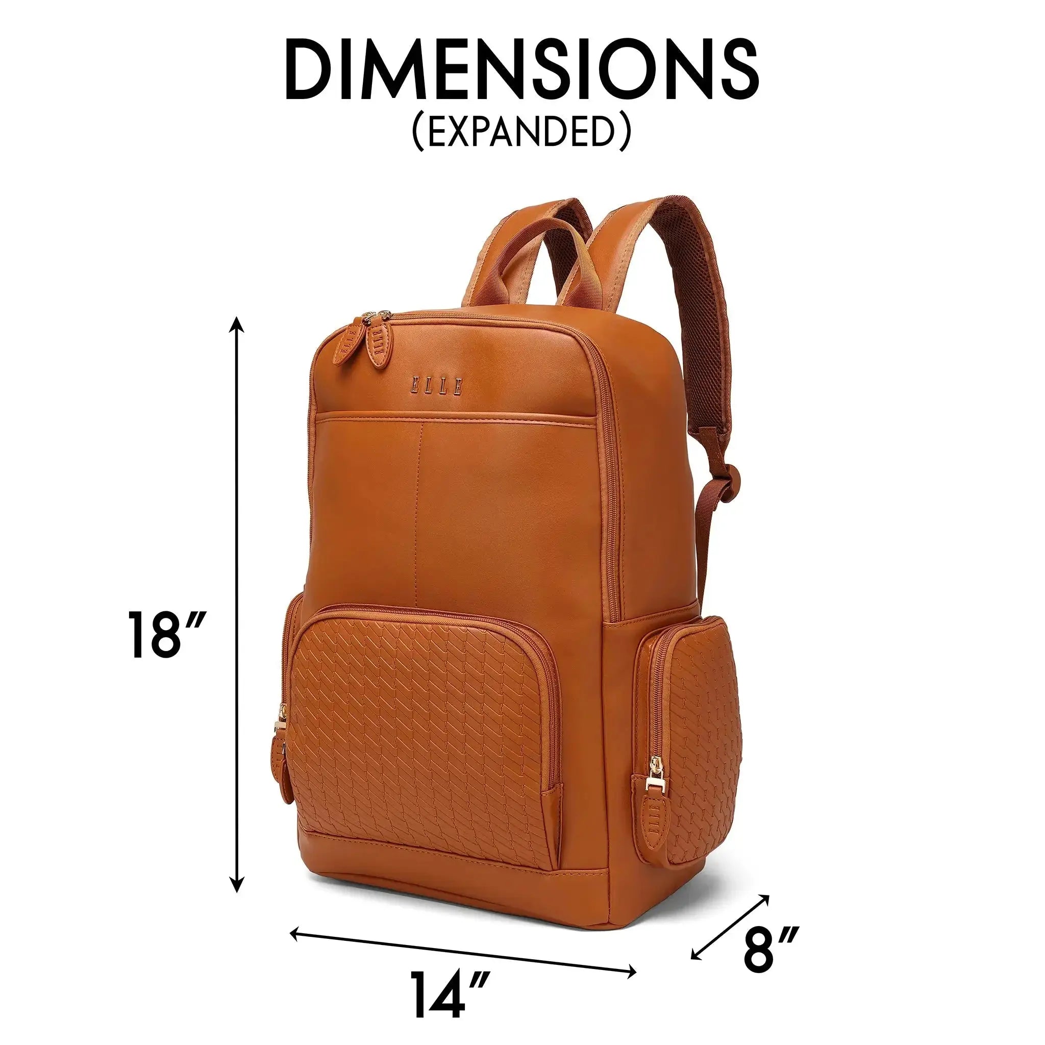 Brown backpack with dimensions labeled on a white background