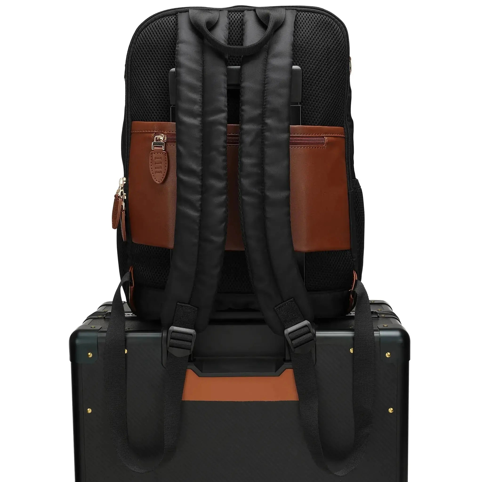 Black backpack with brown accents on a suitcase