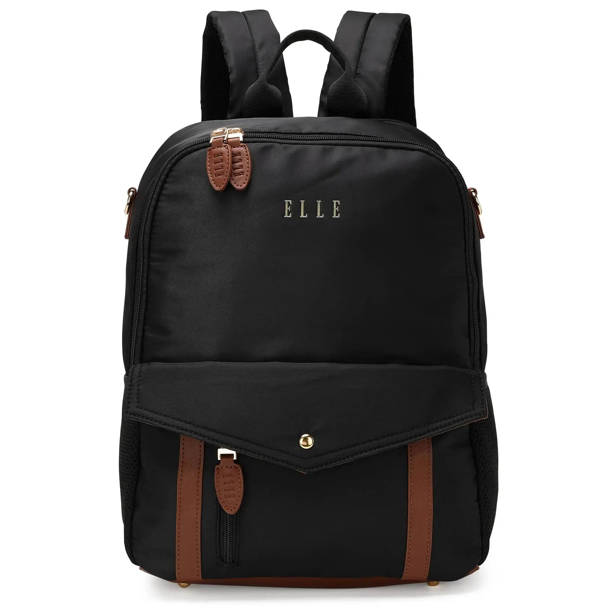 Black backpack with brown accents and 'ELLE' branding on a white background