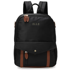 Black backpack with brown accents and 'ELLE' branding on a white background