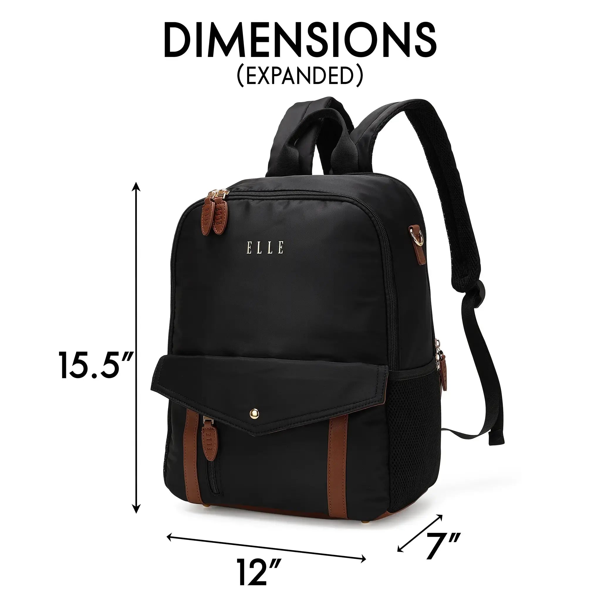 Black backpack with dimensions labeled on a white background