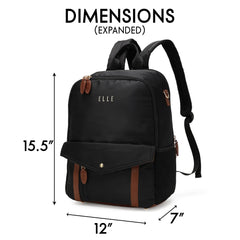 Black backpack with dimensions labeled on a white background