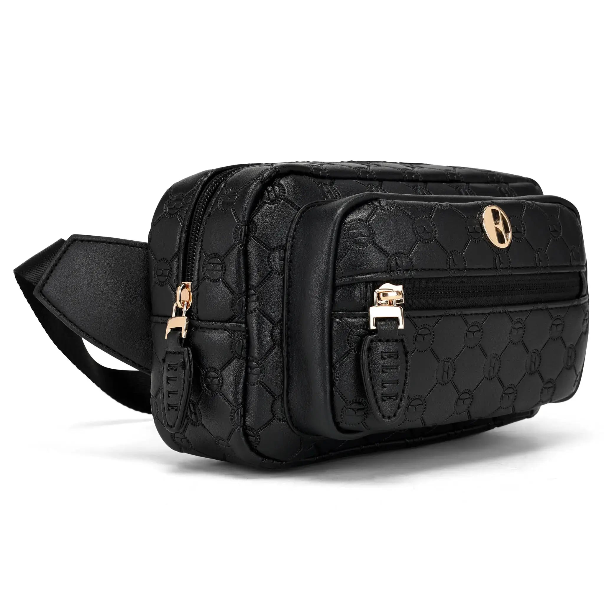 Black quilted waist bag with gold zippers on a white background
