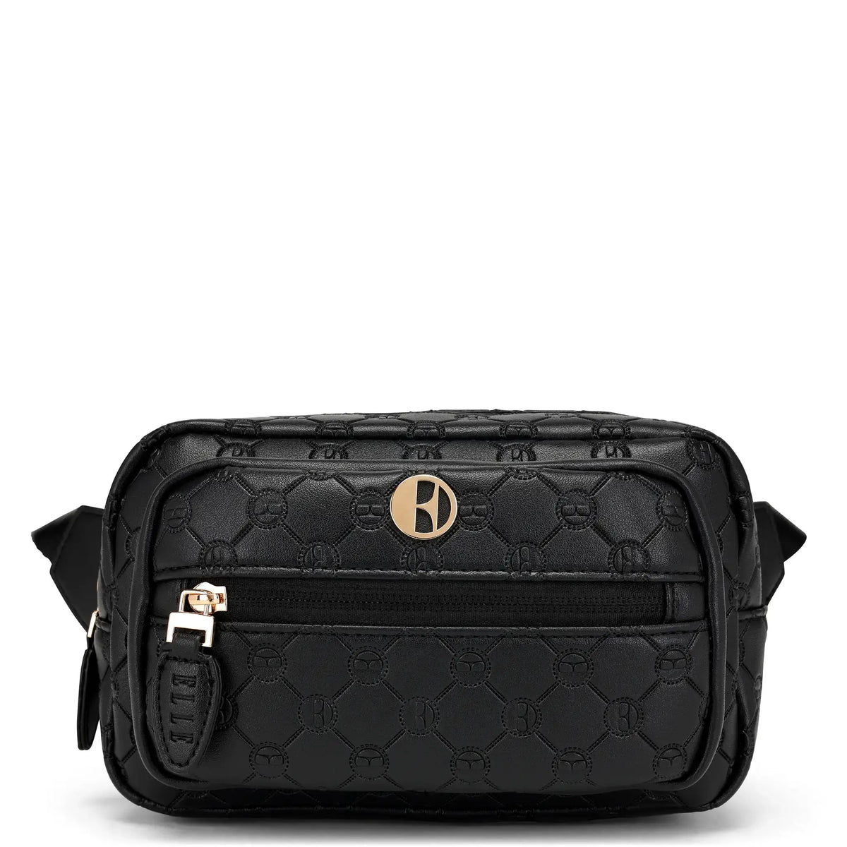 Black textured bag with a brand logo on a white background