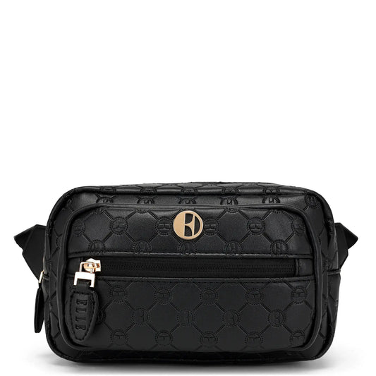 Black textured bag with a brand logo on a white background