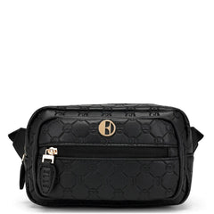 Black textured bag with a brand logo on a white background