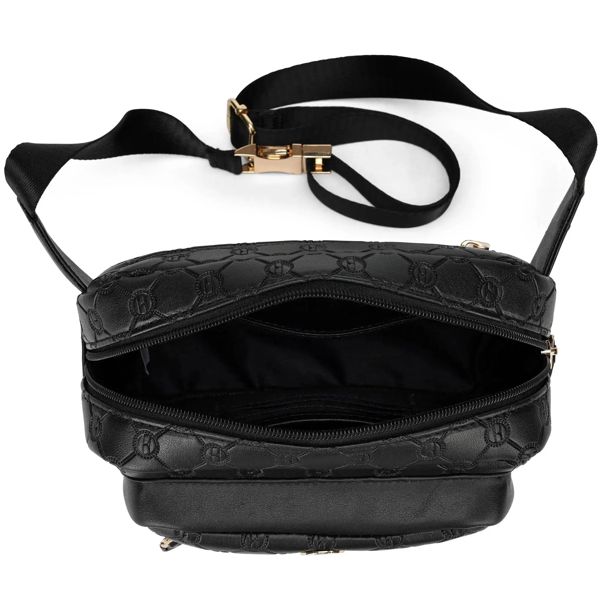Black embossed handbag with a gold clasp on a white background