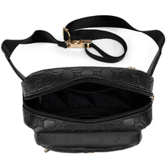Black embossed handbag with a gold clasp on a white background