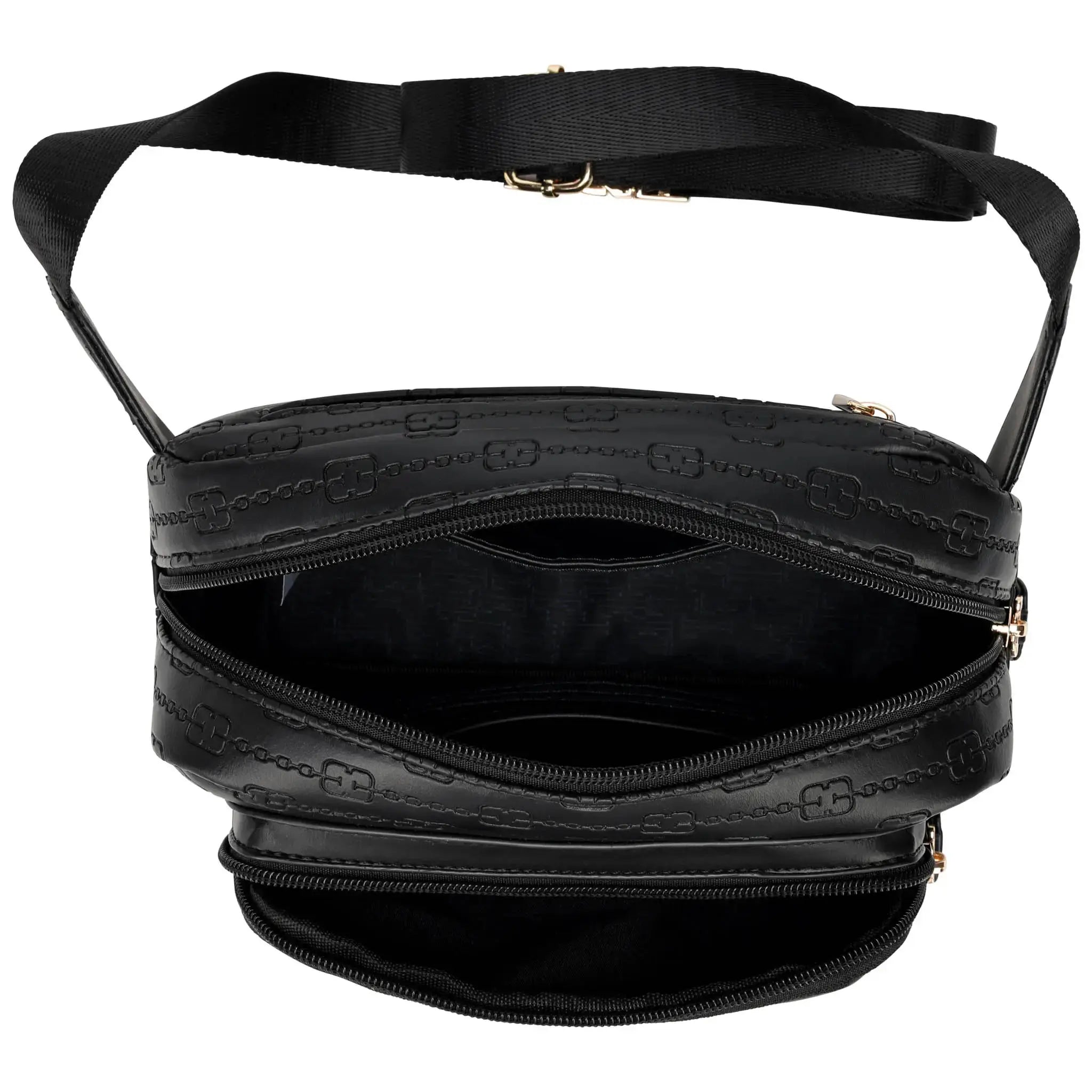 Black handbag with a visible brand logo on a white background
