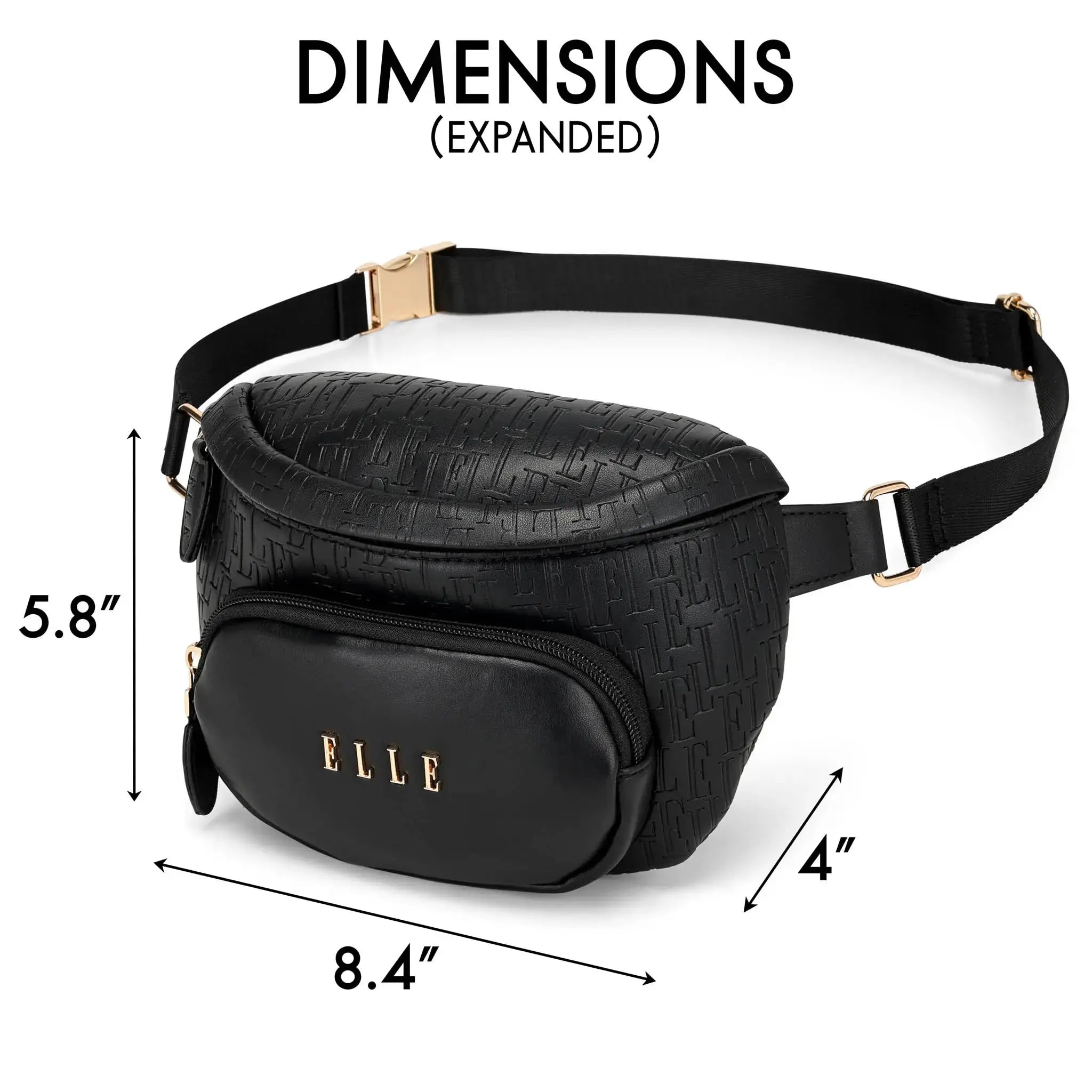 Black textured fanny pack with 'ELLE' branding and dimensions on a white background