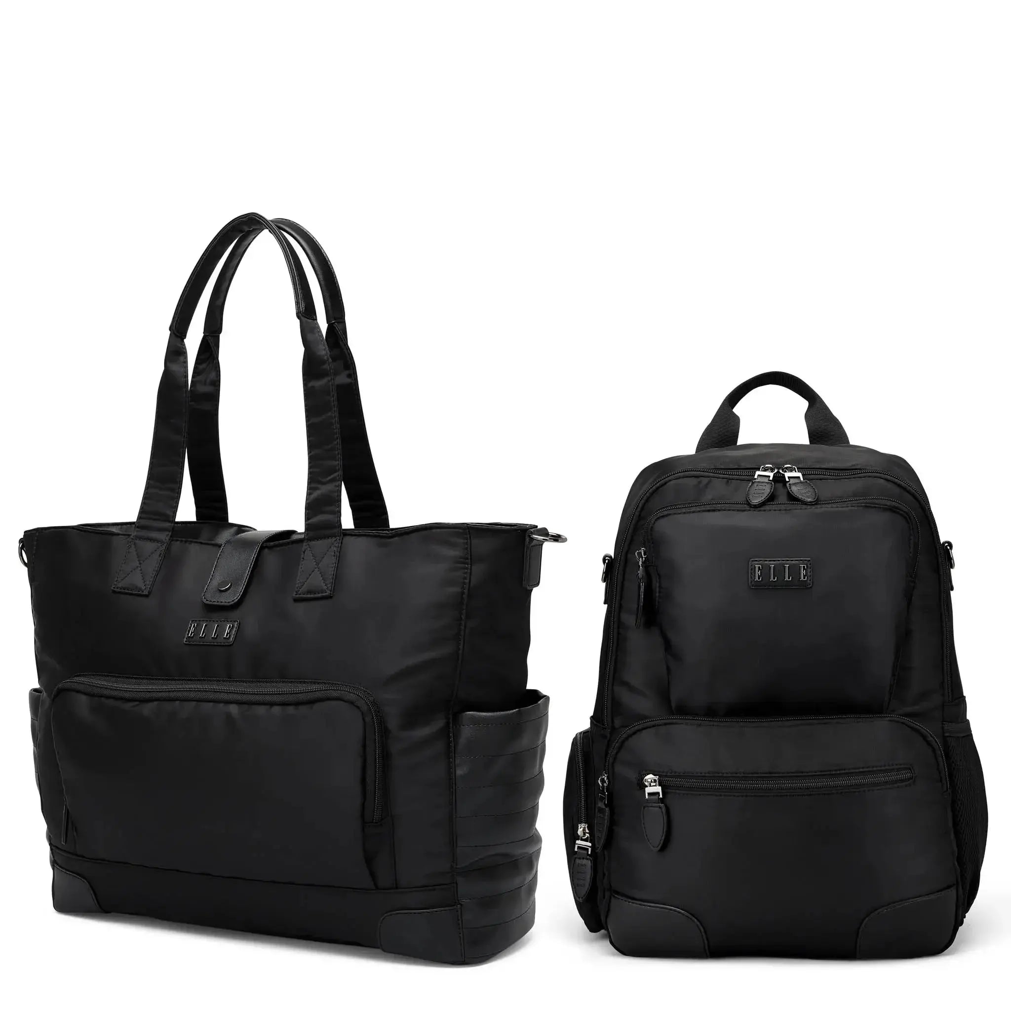 Black tote bag and backpack on a white background