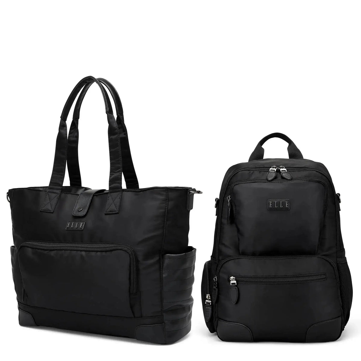 Black tote bag and backpack on a white background