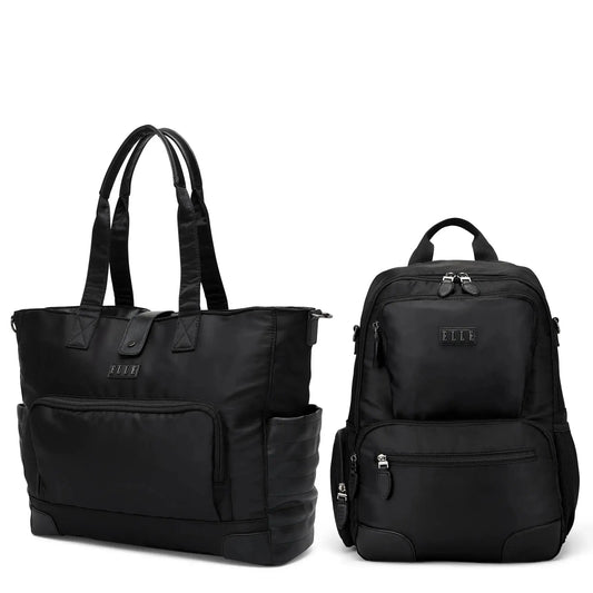 Black tote bag and backpack on a white background