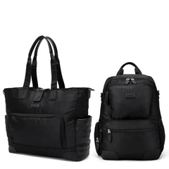 Black tote bag and backpack on a white background