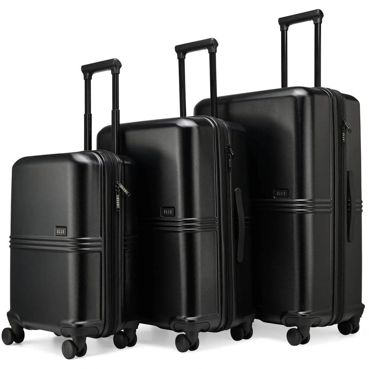 Set of three black suitcases of different sizes on a white background