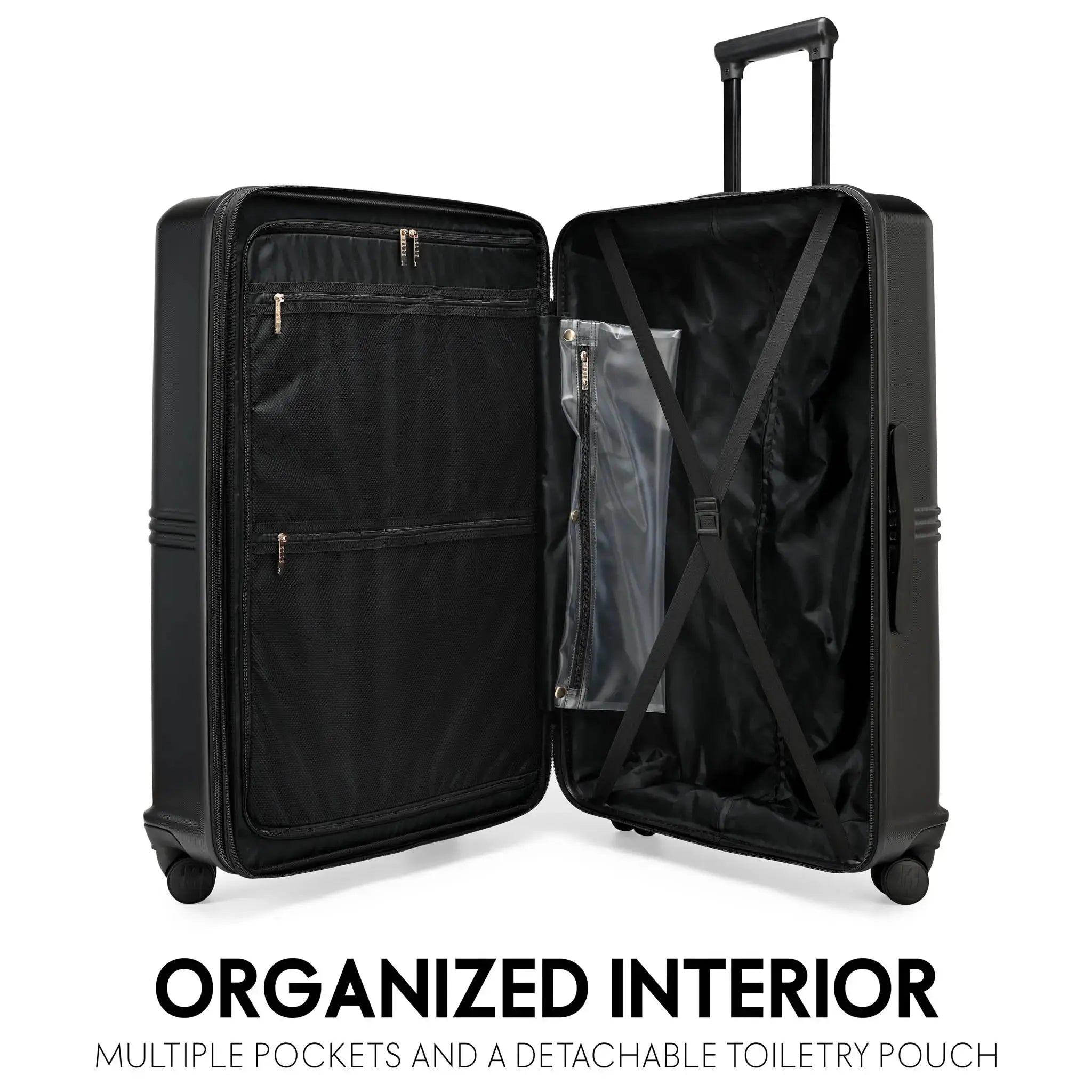 Black suitcase with open lid showing organized interior and detachable toiletry pouch on a white background.