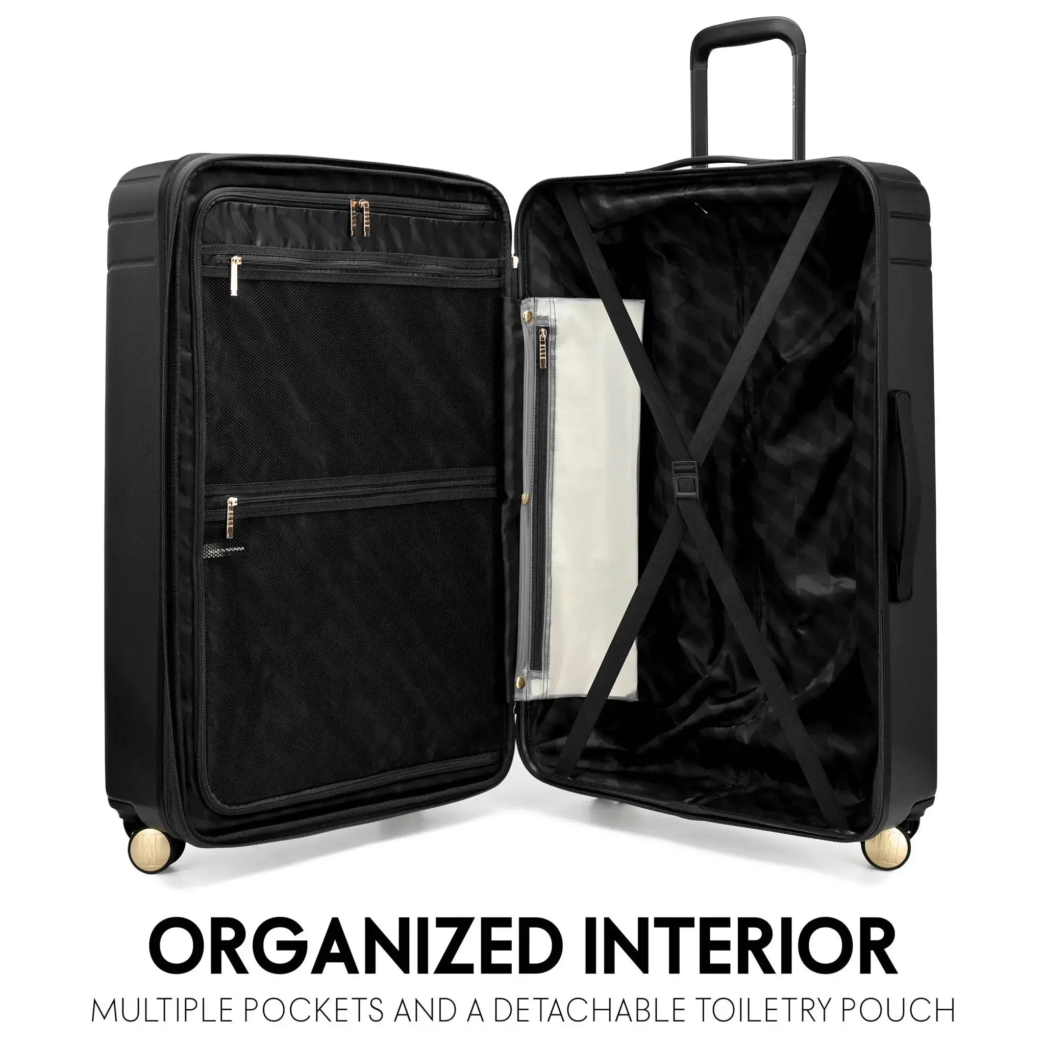 Black suitcase with open lid showing multiple pockets and a detachable toiletry pouch on a white background.