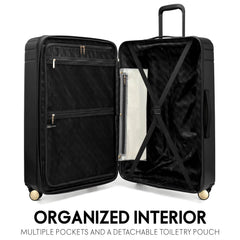 Black suitcase with open lid showing multiple pockets and a detachable toiletry pouch on a white background.