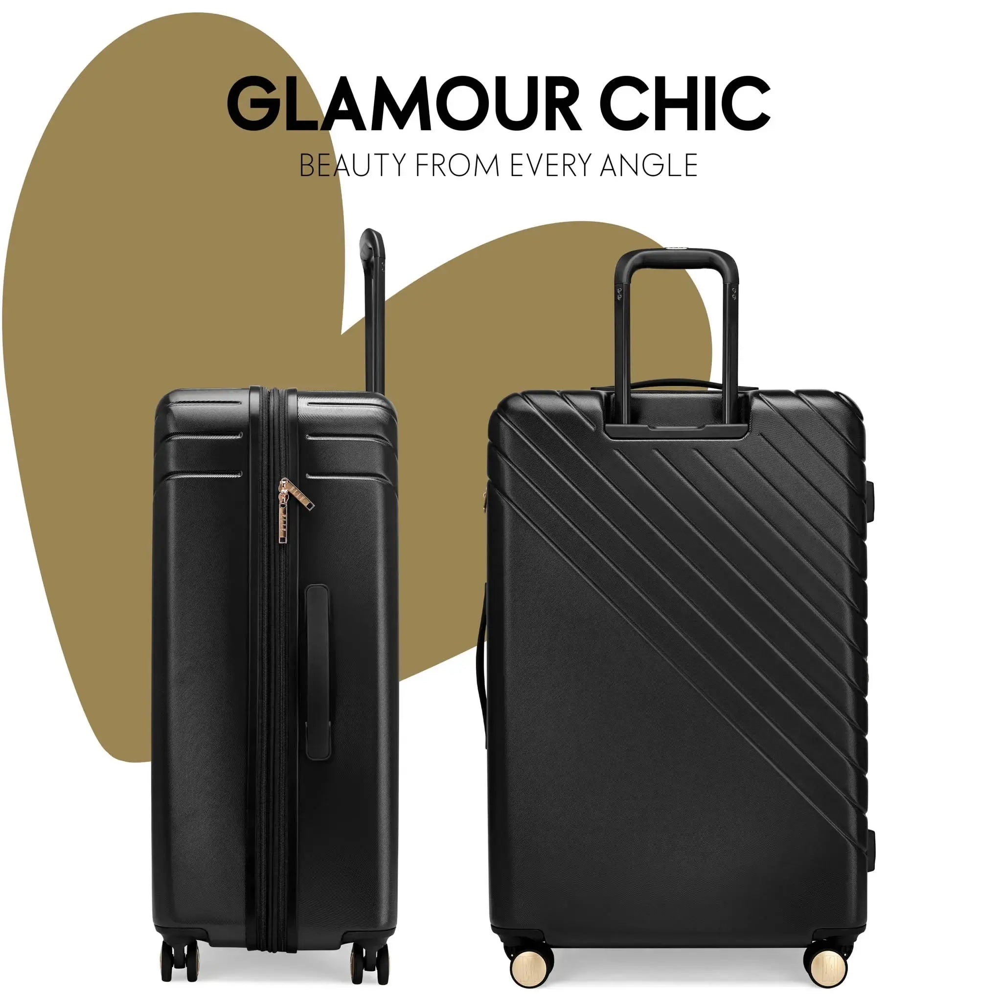Two black suitcases with 'Glamour Chic' text on a white background