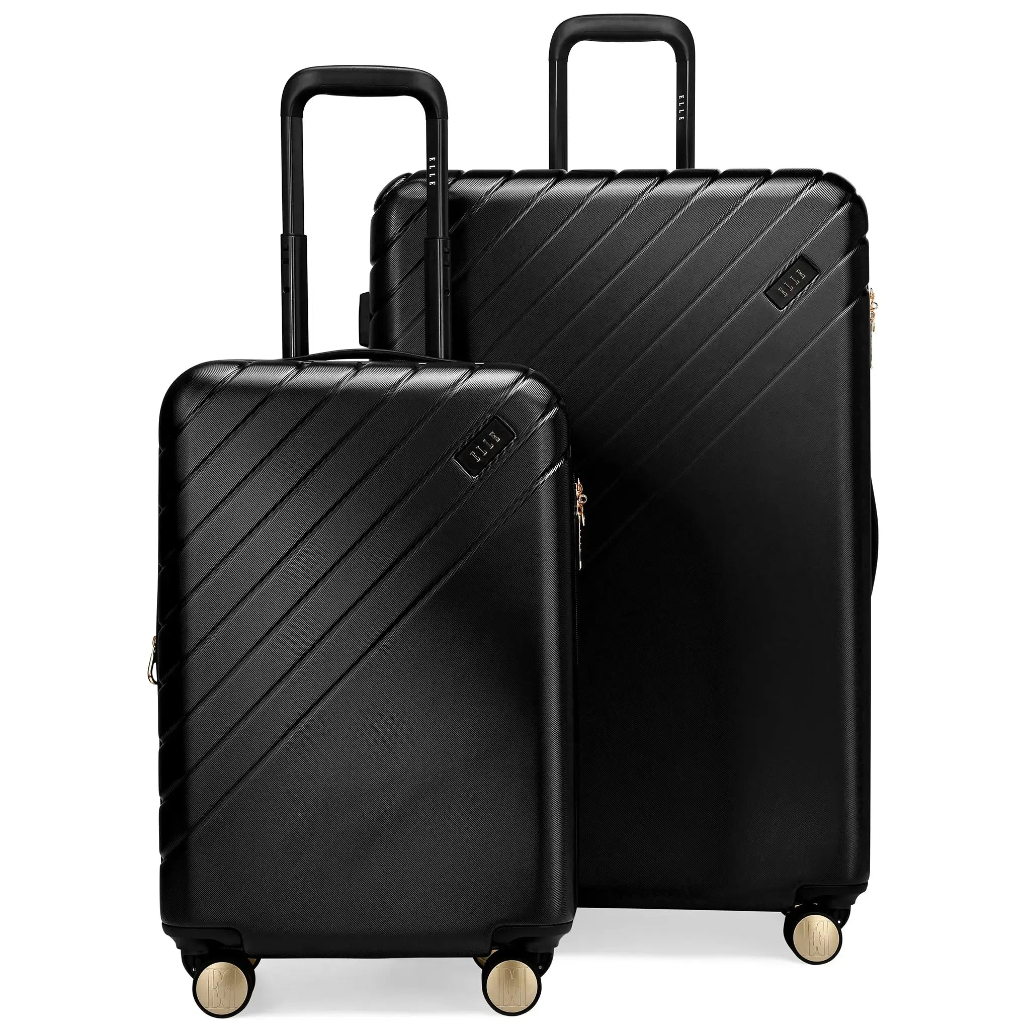 Two black suitcases with a geometric pattern on a white background