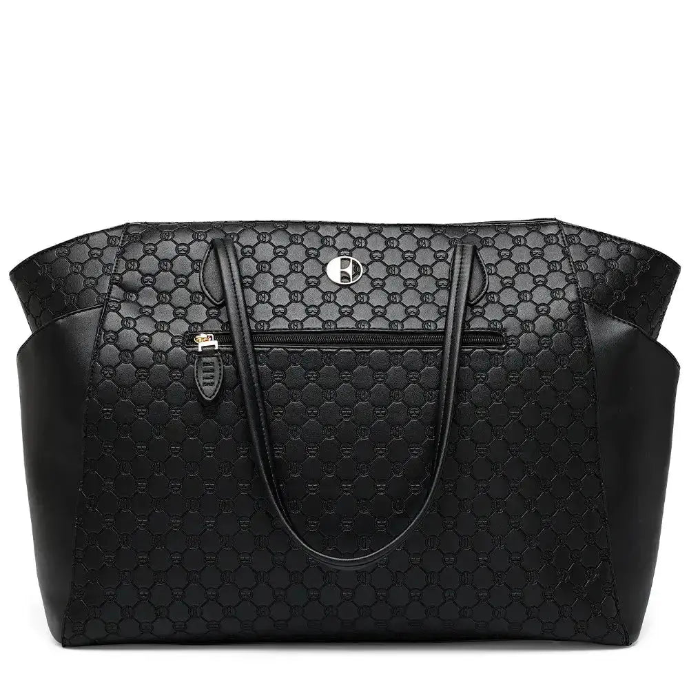 Black patterned handbag on a white background