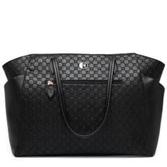 Black patterned handbag on a white background