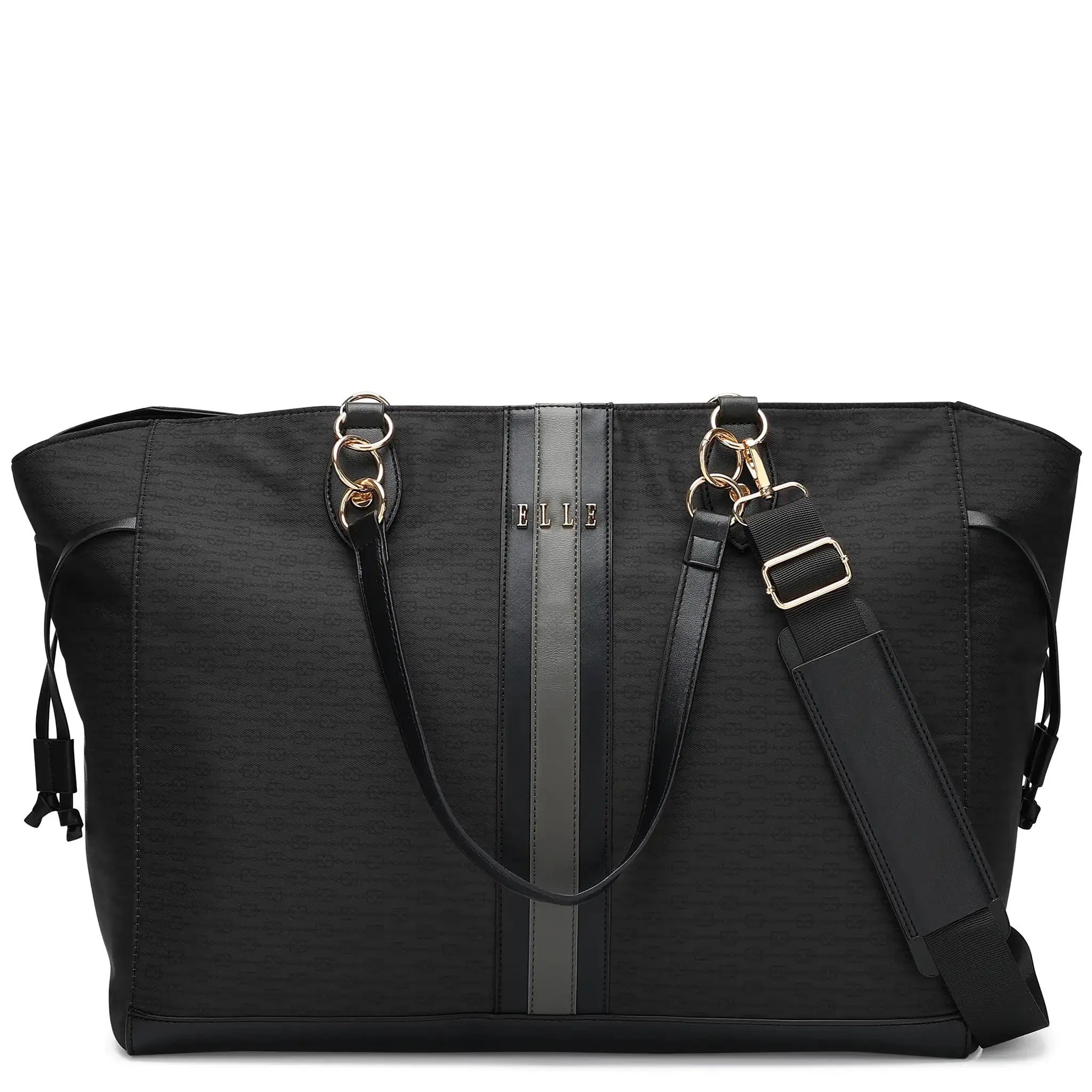 Black tote bag with a visible brand logo on a white background