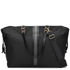 Black tote bag with a visible brand logo on a white background