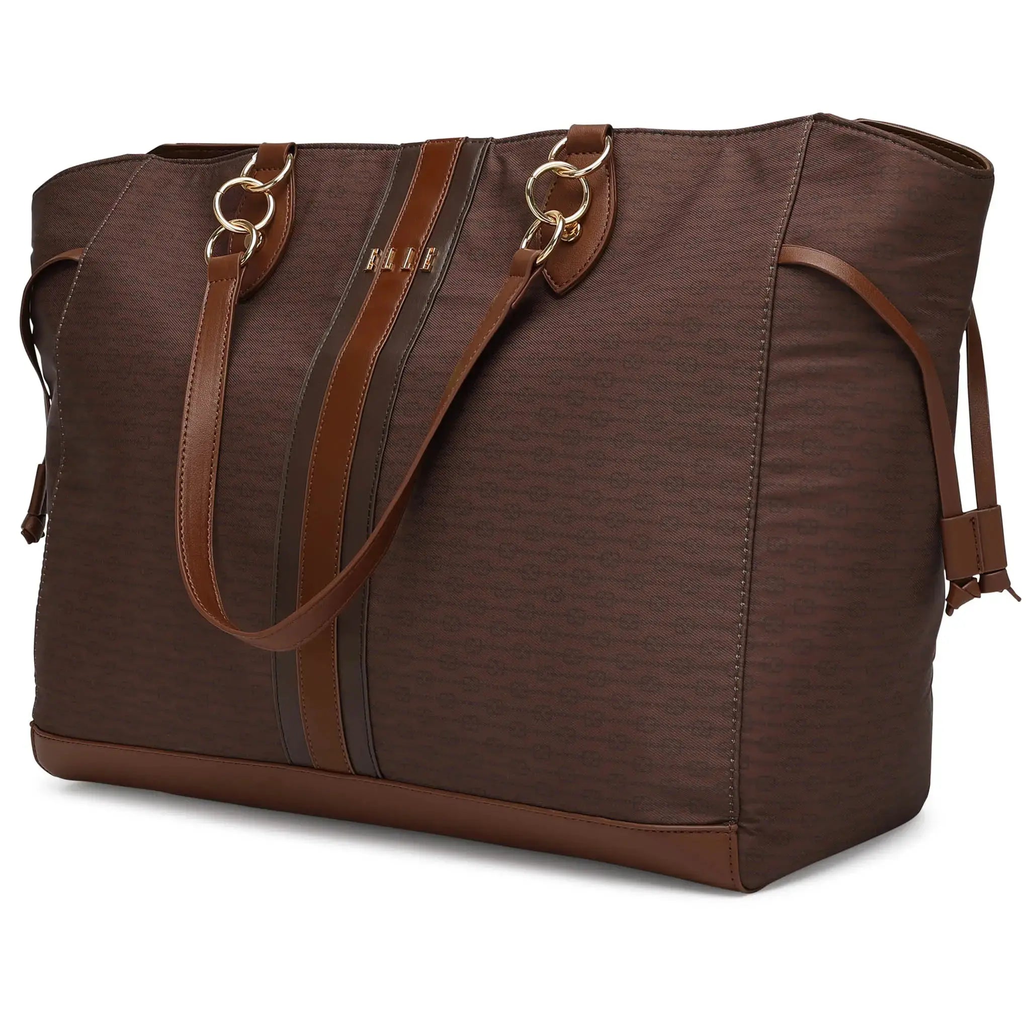 Brown tote bag with leather straps on a white background