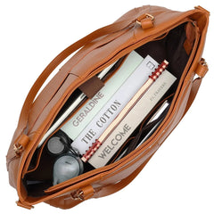 Brown leather bag with books and a pen inside on a white background