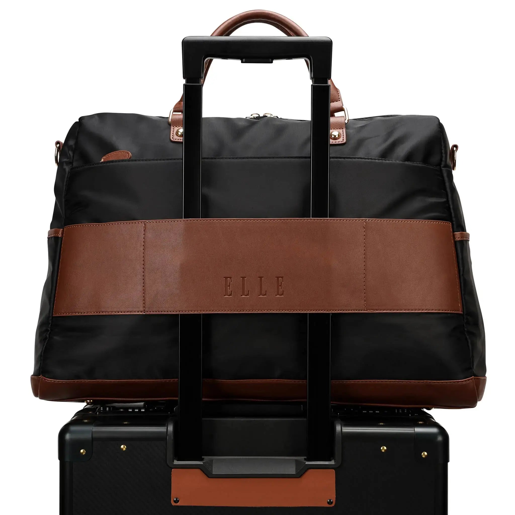 Black and brown travel bag with 'ELLE' branding on a white background