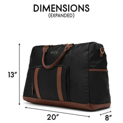 Black duffel bag with brown accents and dimensions labeled on a white background